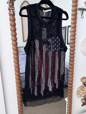 AMEN Black Fishnet Mesh Sequin American Flag Tank Top NWT
